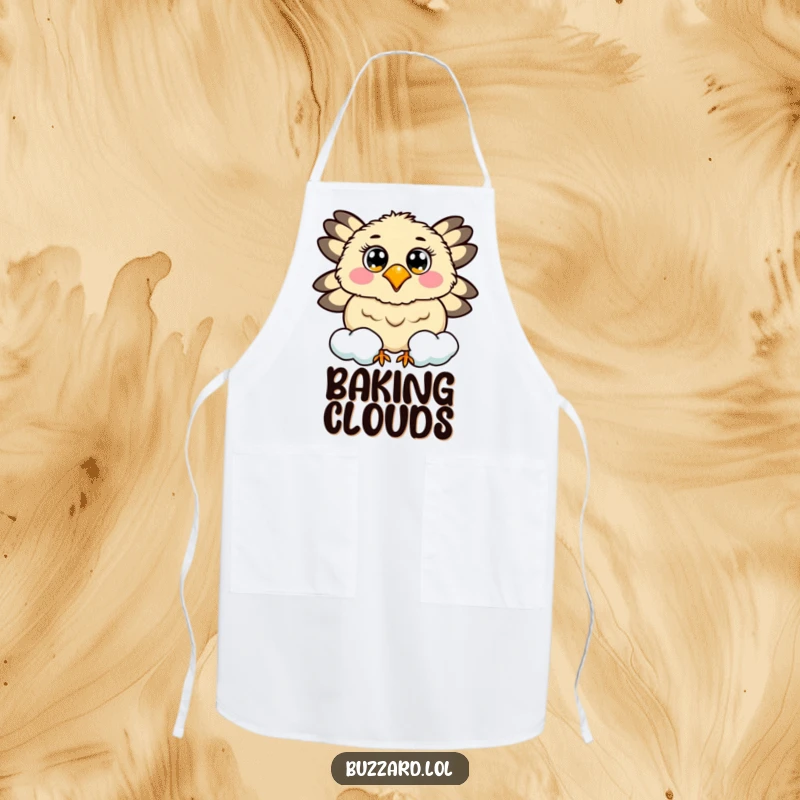 Funny apron with a buzzard with cheerful eyes circling a smiling, fluffy cloud.
