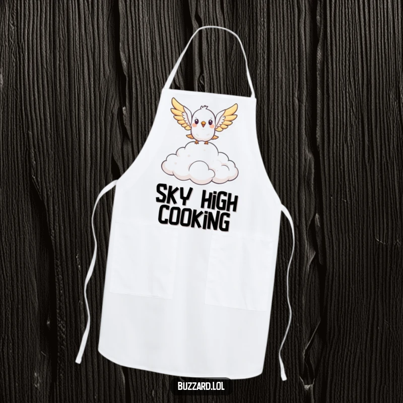 Funny cute, stylized bird with open wings soars above a fluffy cloud formation on a kitchen apron, ideal for a humorous and inspiring cooking gift.