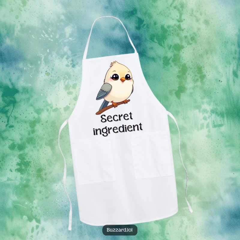 Funny Apron showcasing a small, comical bird with wide, innocent eyes winking playfully from its perch, ready for kitchen fun.