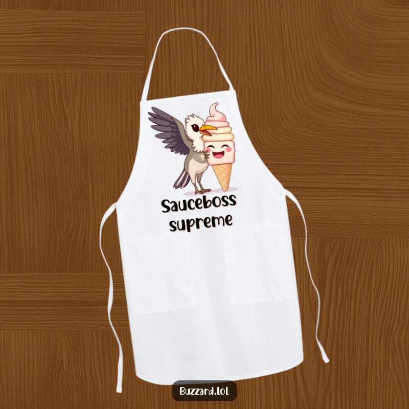 Funny Buzzard Apron: A humorous cooking apron showing a funny buzzard joyfully pecking at a giant, smiling ice cream cone.