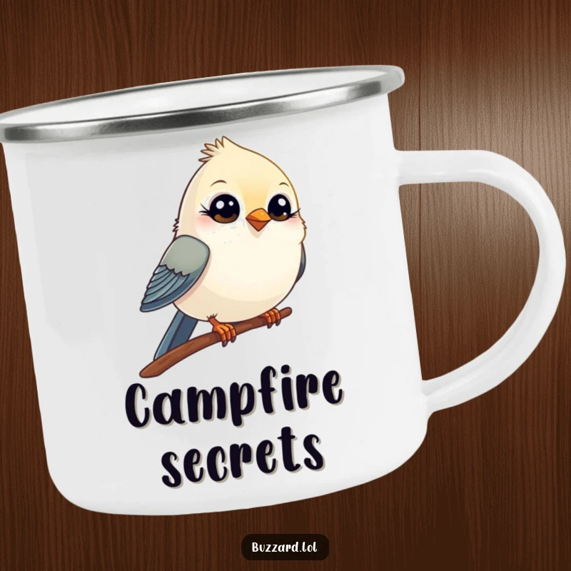 Funny Camping Mug with a small, comical bird with wide, innocent eyes winking playfully from its perch, ready for the outdoors.