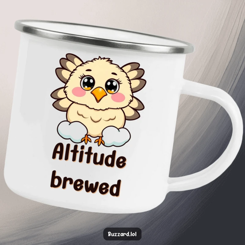 Funny camping mug with a buzzard with cheerful eyes circling a smiling, fluffy cloud.