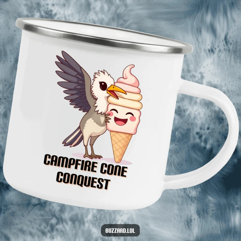 Funny Buzzard Camping Mug: A durable mug with a funny buzzard joyfully pecking at a giant, smiling ice cream cone.