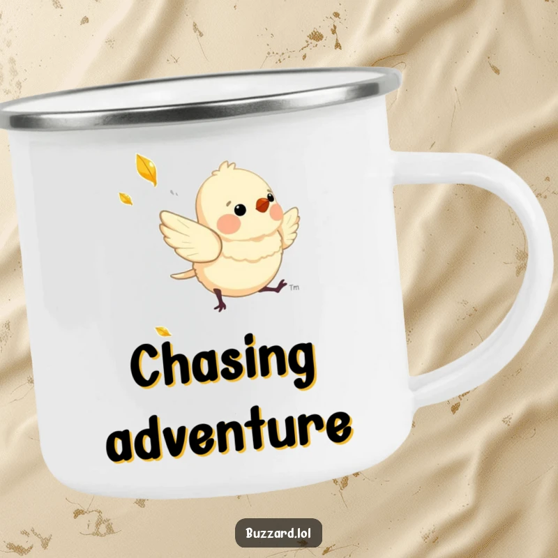 Funny Camping Mug with a charming, downy bird playfully chasing a shimmering, falling leaf, ready for the outdoors.