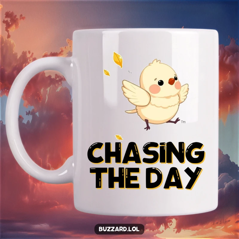 Funny Mug depicting a charming, downy bird playfully chasing a shimmering, falling leaf, embodying innocent fun.