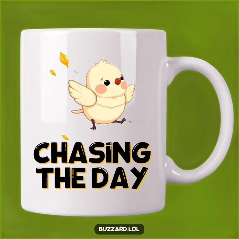 Funny Chasing Bird Mug: Downy Friend's Leaf Chase, Playful Funny Gift
