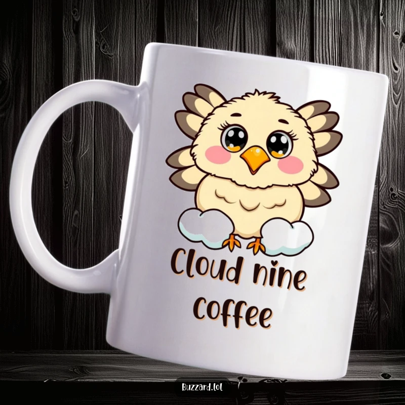 Funny mug featuring a buzzard with cheerful eyes circling a smiling, fluffy cloud in a blue sky.
