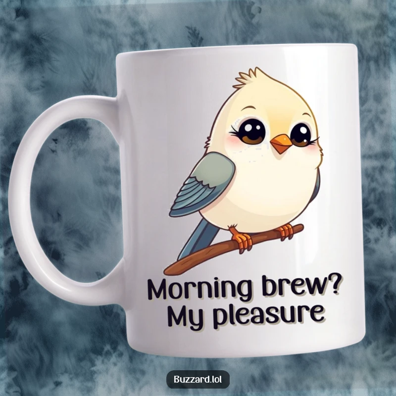 Funny Mug featuring a small, comical bird with wide, innocent eyes winking playfully from its perch, radiating pure, lighthearted amusement.