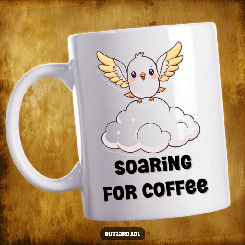 Funny cute, stylized bird with open wings soars above a fluffy cloud formation on a mug, ideal for a humorous and inspiring gift.