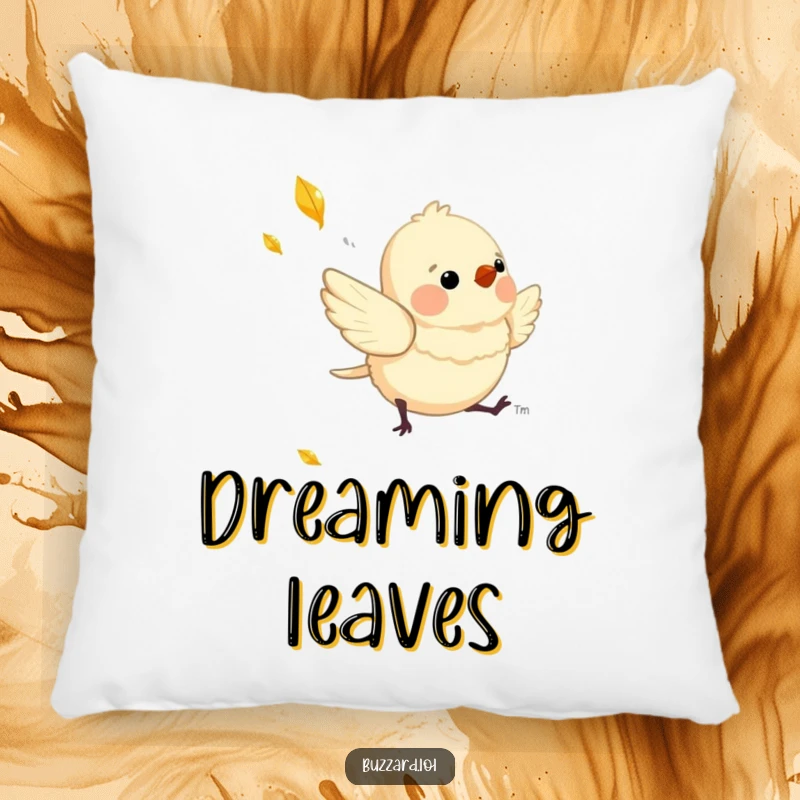 Funny Pillow featuring a charming, downy bird playfully chasing a shimmering, falling leaf, offering cozy charm.