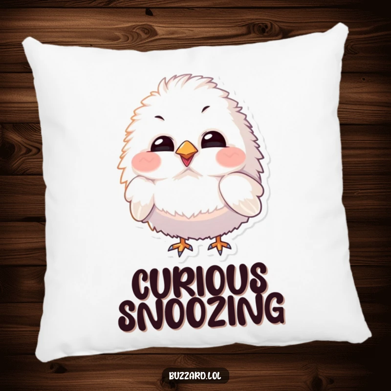 Funny Pillow featuring a fluffy bird character with exaggerated features tilting its head curiously, offering cozy charm.