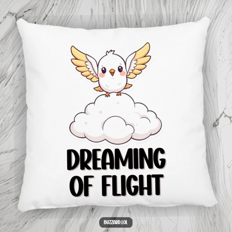 Funny cute, stylized bird with open wings soars above a fluffy cloud formation on a soft pillow, offering comfort and humorous stylized charm as a gift.