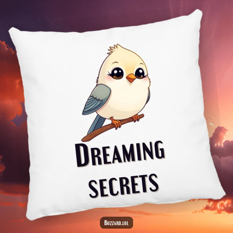 Funny Pillow featuring a small, comical bird with wide, innocent eyes winking playfully from its perch, offering comfort and cheer.