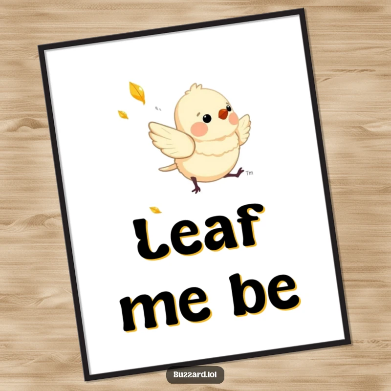 Funny Digital Art Print of a charming, downy bird playfully chasing a shimmering, falling leaf, full of joy.