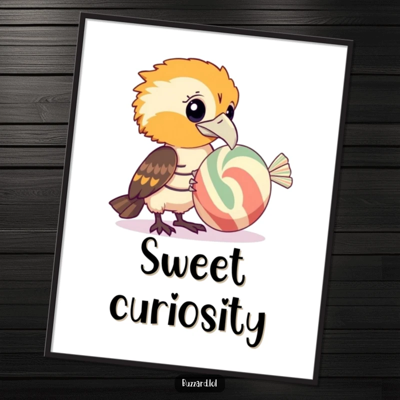 Funny Buzzard Digital Art Print: A humorous buzzard curiously examining a large, striped candy, perfect for instant wall decor.