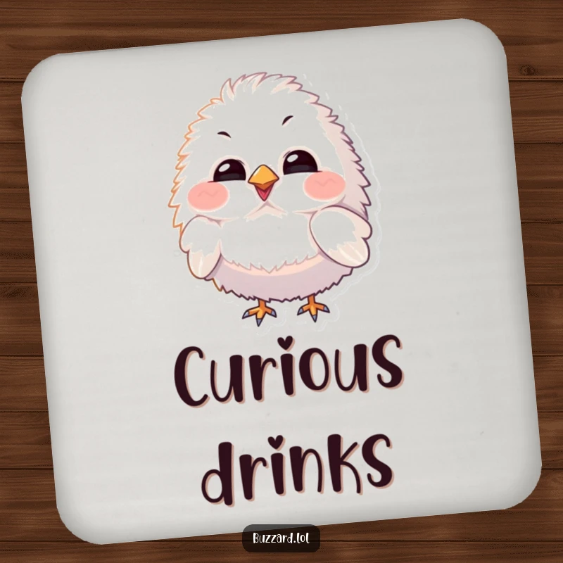 Funny Coaster featuring a fluffy bird character with exaggerated features tilting its head curiously, adding a touch of whimsy.