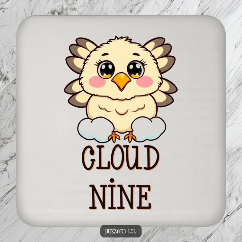 Funny drink coaster with a buzzard with cheerful eyes circling a smiling, fluffy cloud.