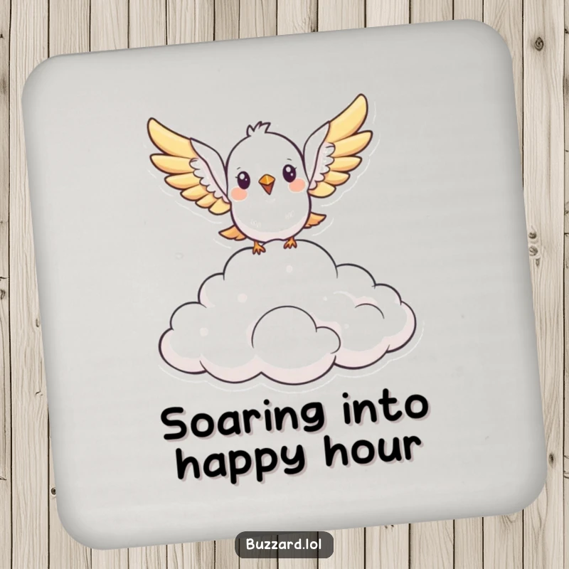 Funny cute, stylized bird with open wings soars above a fluffy cloud formation on a drink coaster, adding humorous airy protection to surfaces as a gift.
