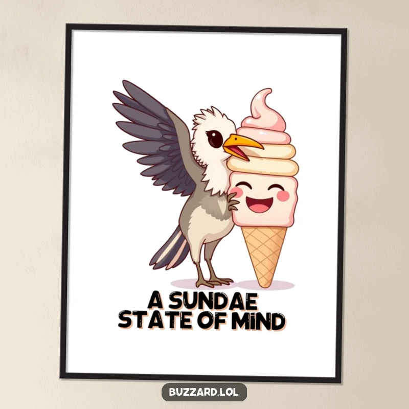 Funny Buzzard Poster: An artistic print of a funny buzzard joyfully pecking at a giant, smiling ice cream cone.