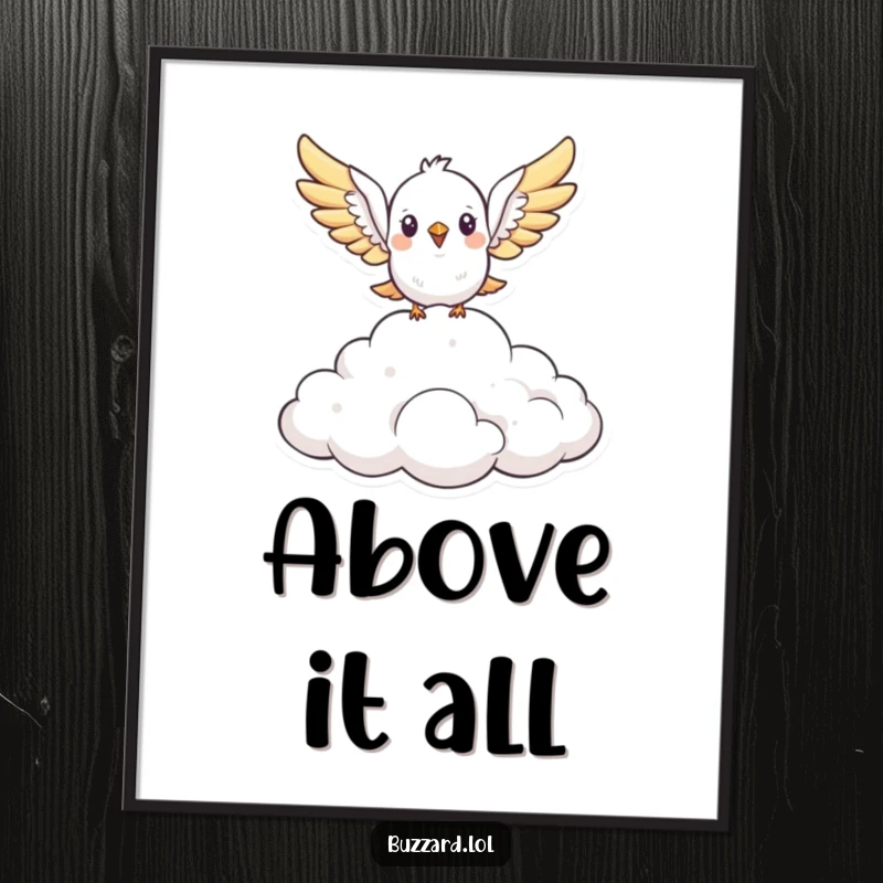 Funny cute, stylized bird with open wings soars above a fluffy cloud formation illustration as wall art poster, perfect for a humorous and inspiring gift.