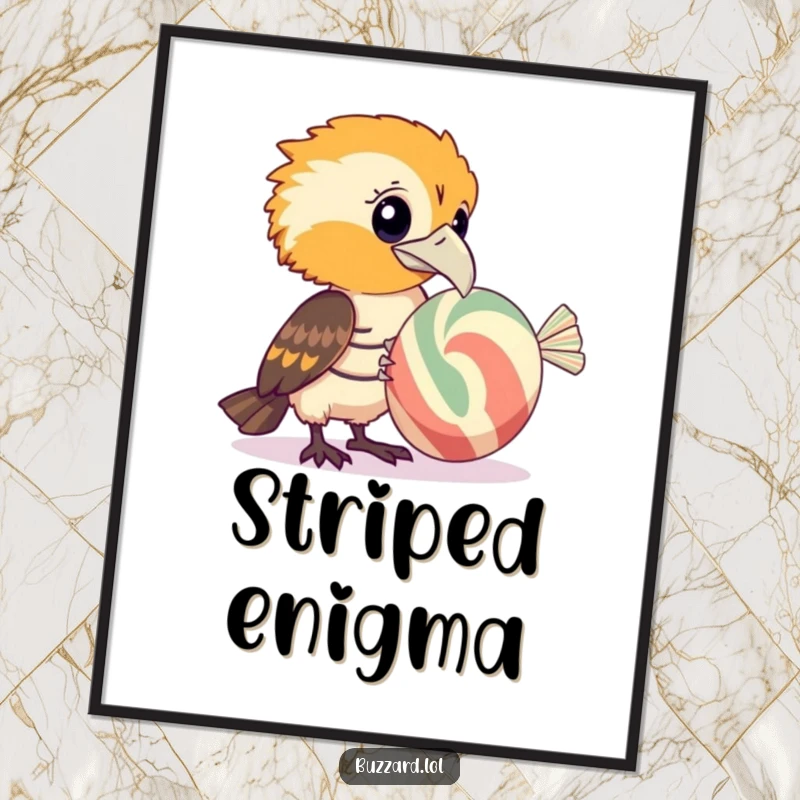Funny Buzzard Poster: An artistic print of a funny buzzard with a curious expression intently examining a large, striped candy.