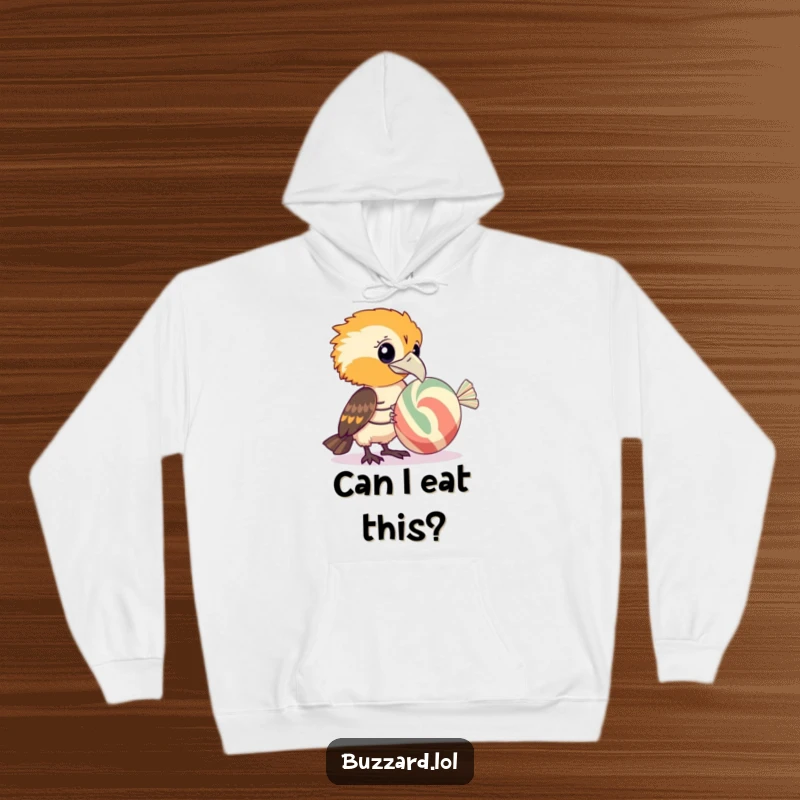 Funny Buzzard Hoodie: A warm hoodie featuring a funny buzzard with a curious expression studying a large, striped candy.