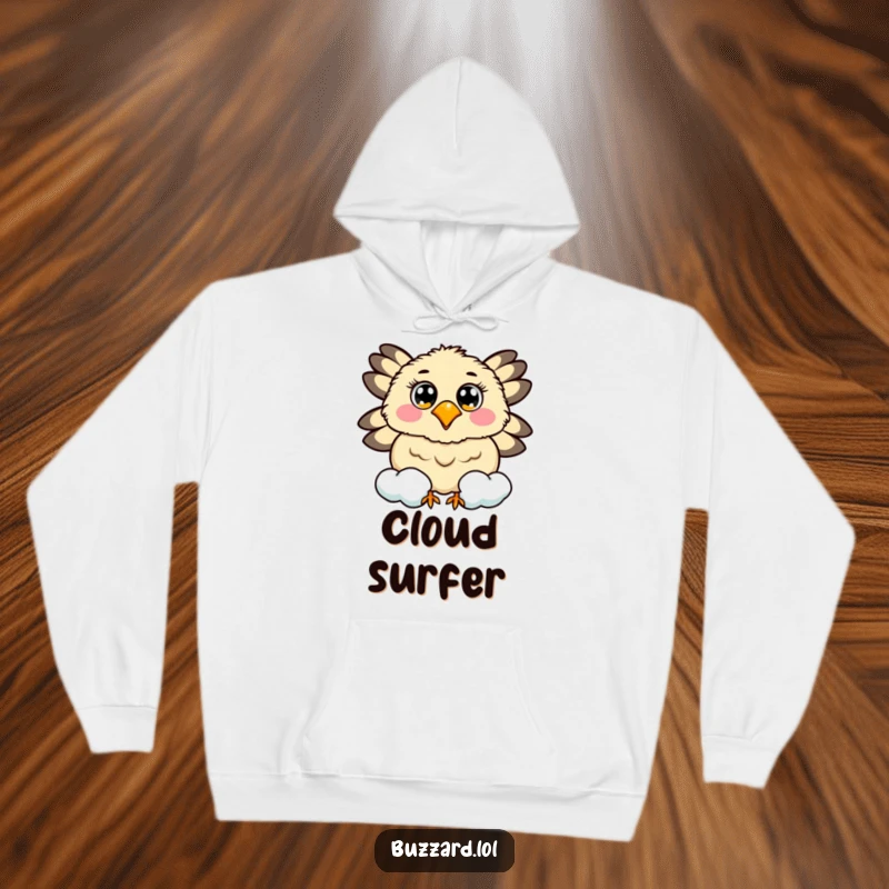 Funny hoodie featuring a buzzard with cheerful eyes circling a smiling, fluffy cloud.