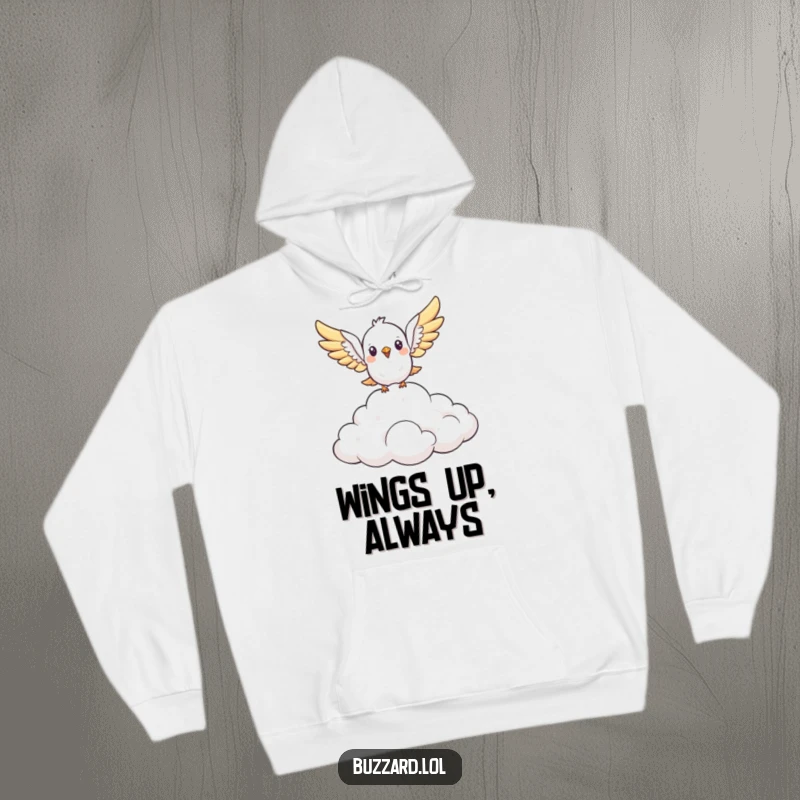 Funny cute, stylized bird with open wings soars above a fluffy cloud formation on a cozy hoodie, great for a humorous and comforting gift.