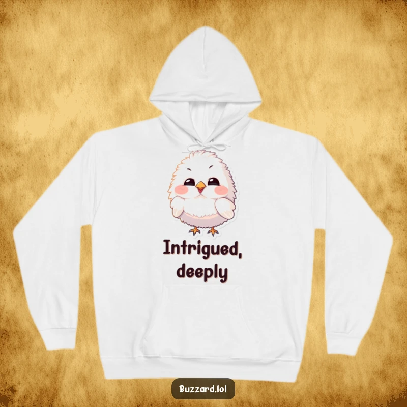 Funny Hoodie featuring a fluffy bird character with exaggerated features tilting its head curiously, perfect for cozy contemplation.