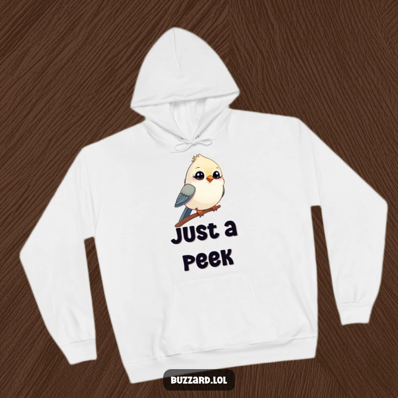 Funny Hoodie featuring a small, comical bird with wide, innocent eyes winking playfully from its perch, offering cozy charm and humor.