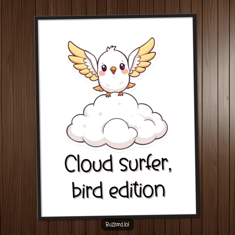 Funny Free Printable Bird Wall Art: Cute stylized bird with open wings soaring above fluffy clouds, cute downloadable art.