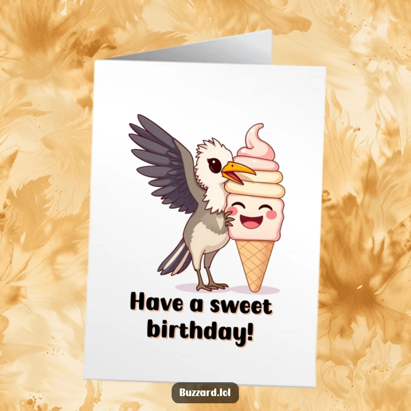 Funny free printable birthday card with a buzzard gleefully pecking at a giant, smiling ice cream cone.