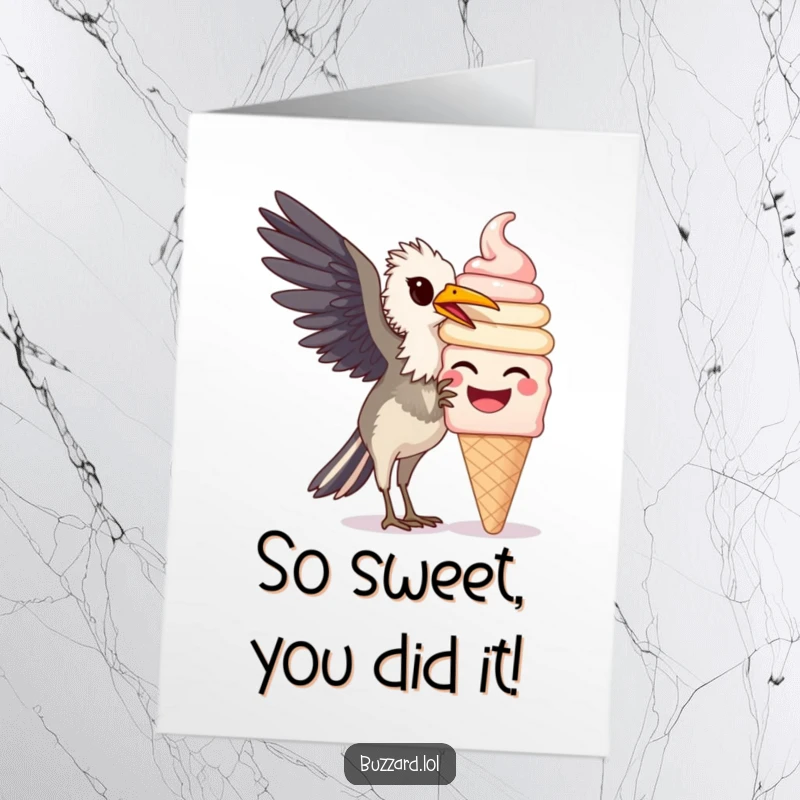 Funny free printable congratulations card showing a buzzard enjoying a giant ice cream cone, perfect for celebrating wins.