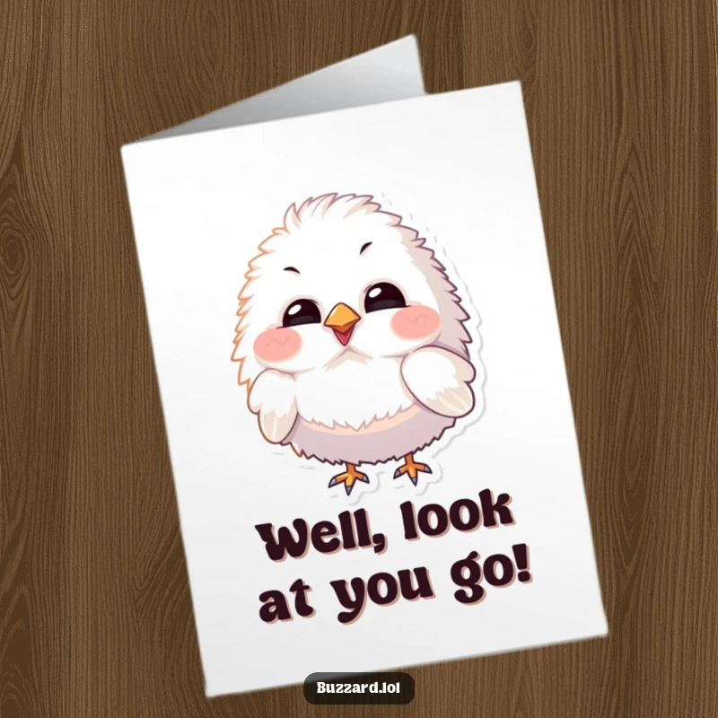Funny Free Printable Congratulations Card: A fluffy bird with big features tilts its head curiously, perfect for a funny DIY gift.