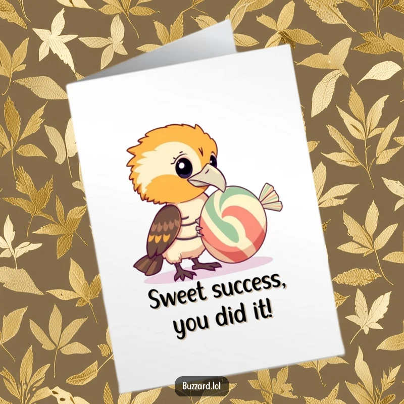 Funny free printable congratulations card showing a buzzard curiously looking at a giant striped candy, celebrating success.