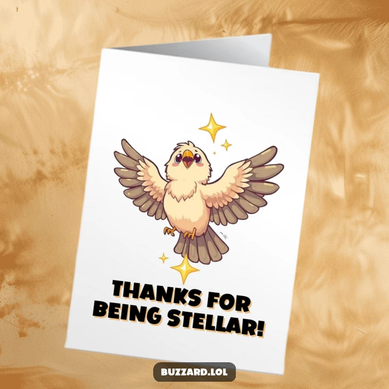 Funny free printable thank you card with a buzzard heroically catching a falling star to express gratitude.
