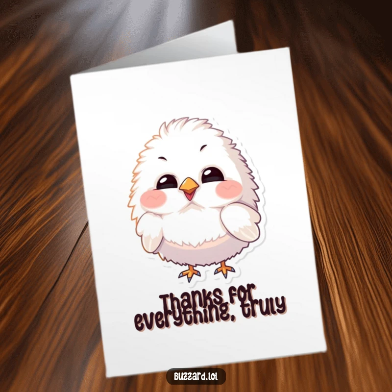 Funny Free Printable Thank You Card: Inquisitive fluffy bird tilting its head, a charming DIY way to say thanks.