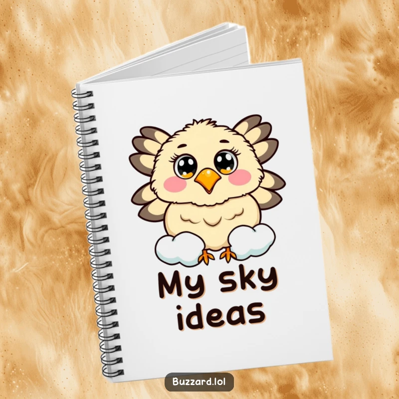 Funny notebook featuring a buzzard with cheerful eyes circling a smiling, fluffy cloud.