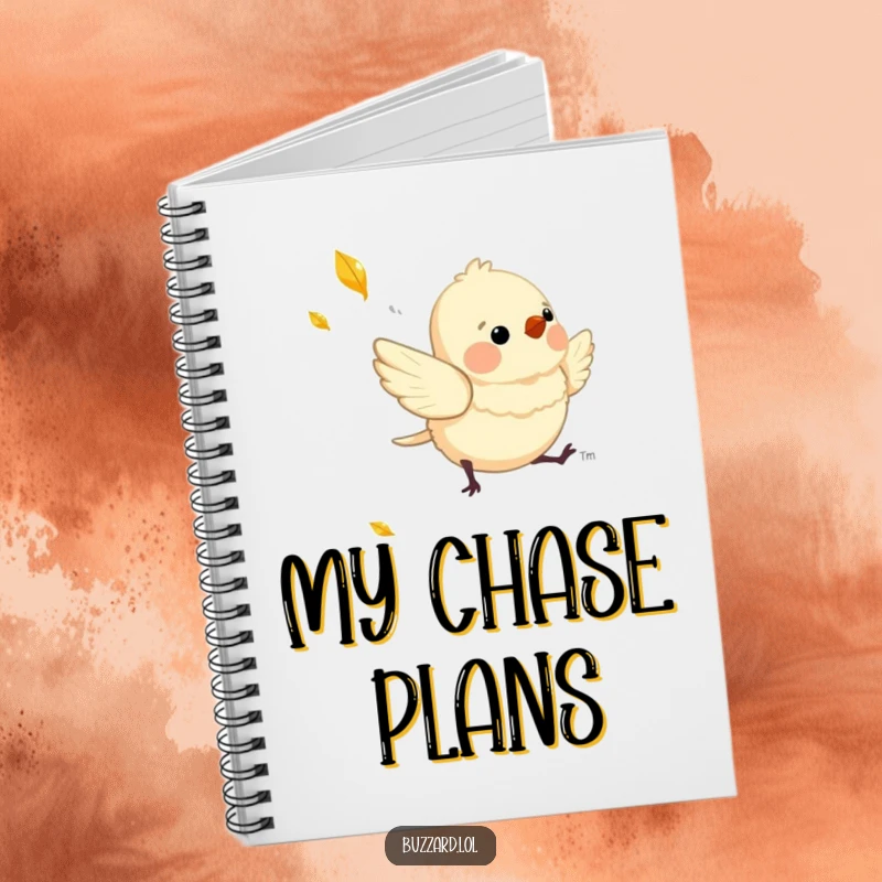Funny Notebook featuring a charming, downy bird playfully chasing a shimmering, falling leaf, perfect for note-taking.