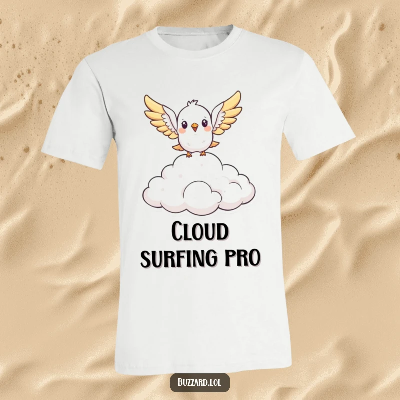 Funny cute, stylized bird with open wings soars above a fluffy cloud formation printed on a t-shirt, perfect for a humorous and stylish gift.