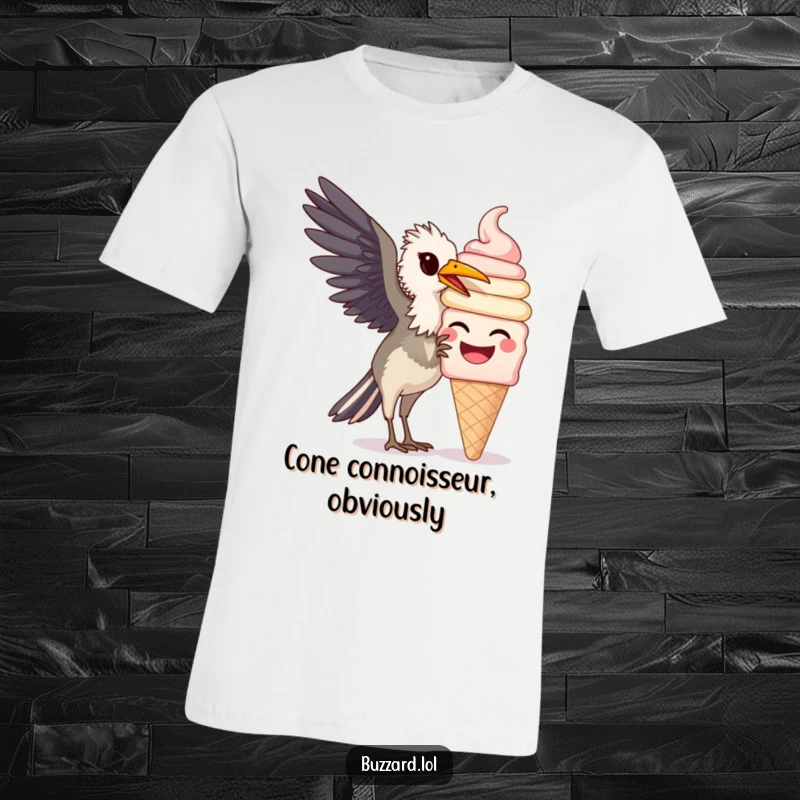 Funny Buzzard T-Shirt: A hilarious buzzard happily pecking at a massive, smiling ice cream cone, designed for pure enjoyment.