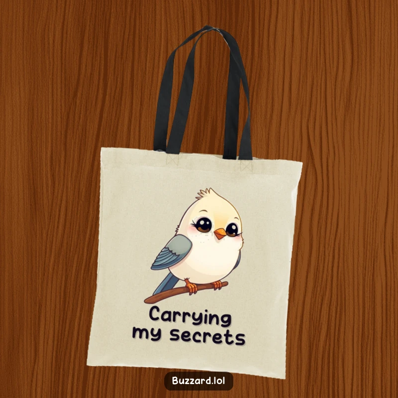 Funny Tote Bag with a small, comical bird with wide, innocent eyes winking playfully from its perch, perfect for carrying joy.