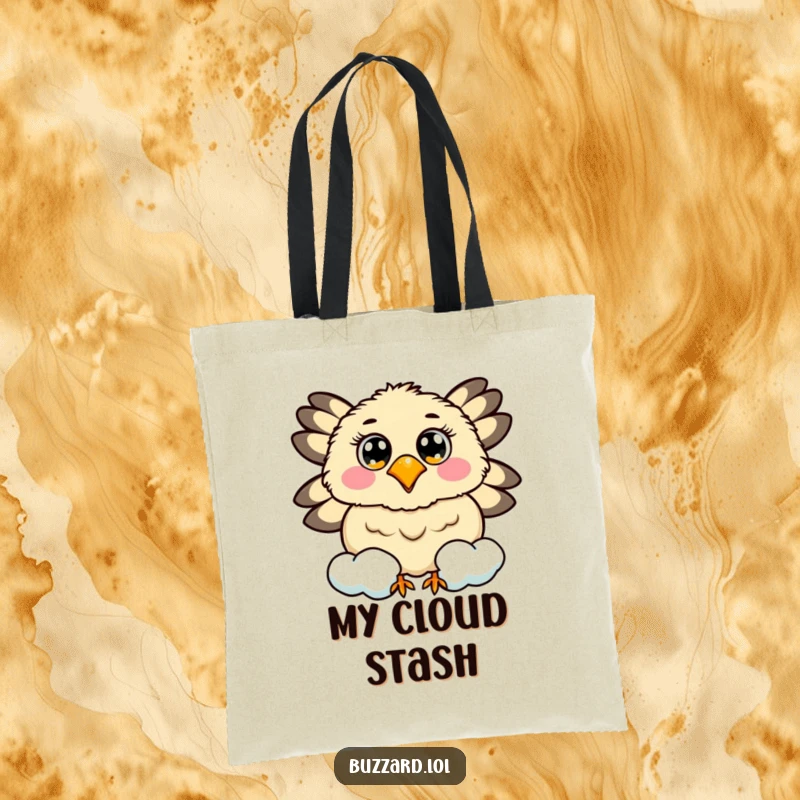 Funny tote bag with a buzzard with cheerful eyes circling a smiling, fluffy cloud.