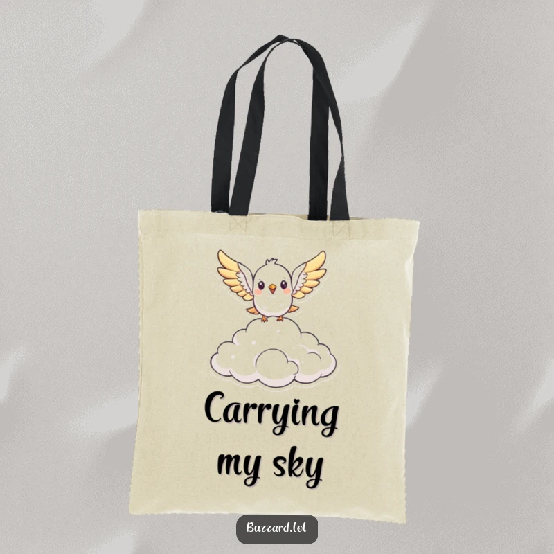 Funny cute, stylized bird with open wings soars above a fluffy cloud formation on a durable tote bag, making a humorous and practical gift.
